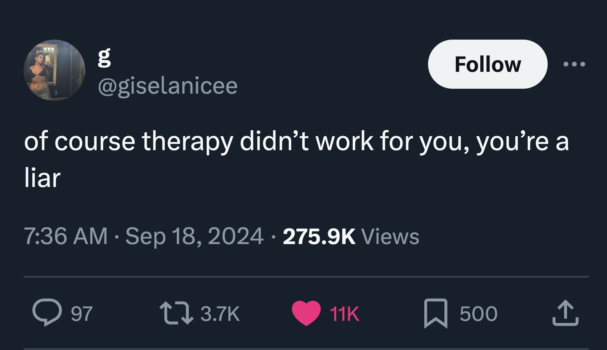 screenshot - g of course therapy didn't work for you, you're a liar . Views > 97 17 11K 500